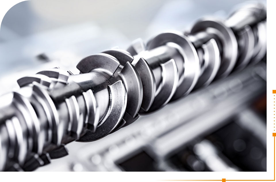 Close-up image od the patented BUSS co-kneader technology based screw shaft with kneading flights.