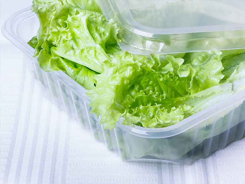 新鮮なサラダの入れ物として使われるバイオプラスチック製ボックス/混練システム